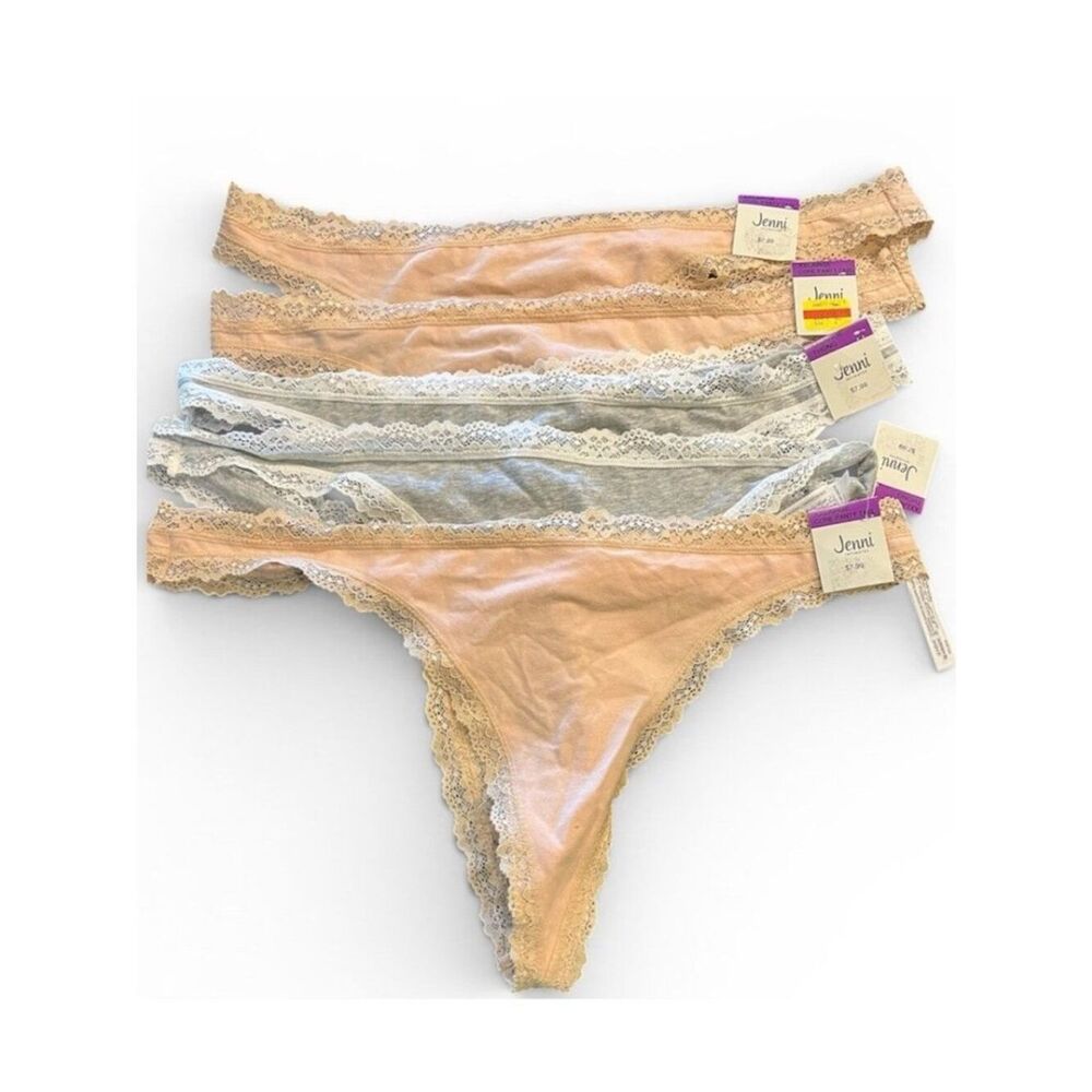 Jenni Plus Size XXL Thongs Lot of 5 Pair NWT Lace Trim Gray Chai Panties New